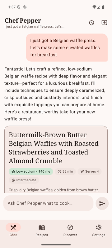 Chef Pepper chat screen: a cook describes what they want and Chef Pepper answers with a recipe.
