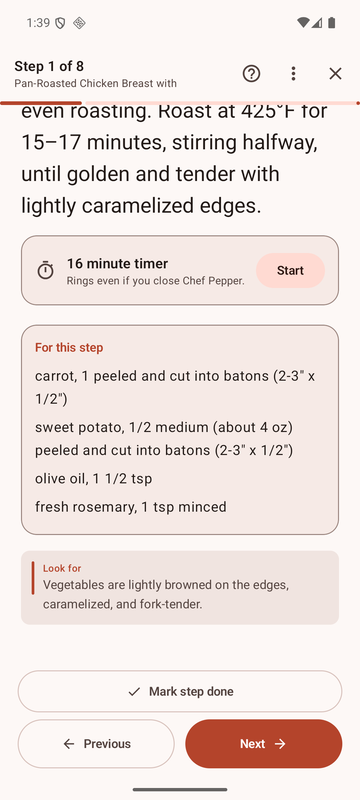 Cooking Mode, showing a single step with a timer.